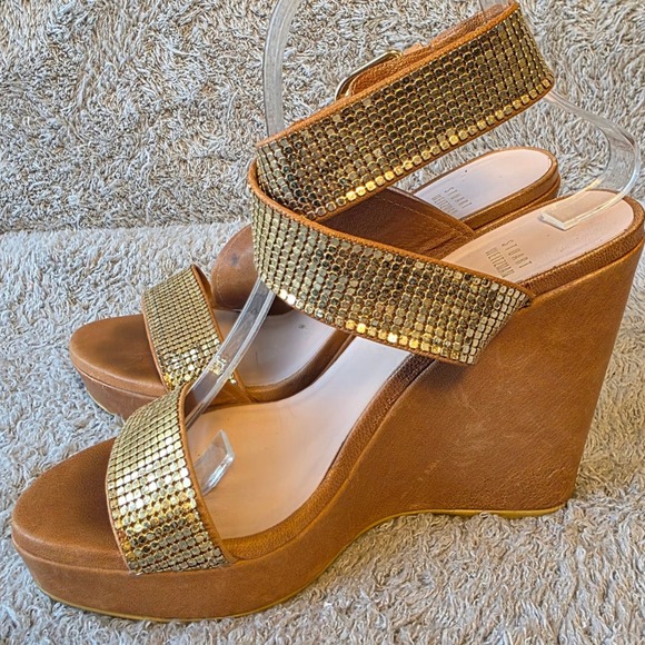 Stuart Weitzman Gold Block Beaded Wedge Sandals Women's Heels Platform 7.5M - Picture 1 of 7